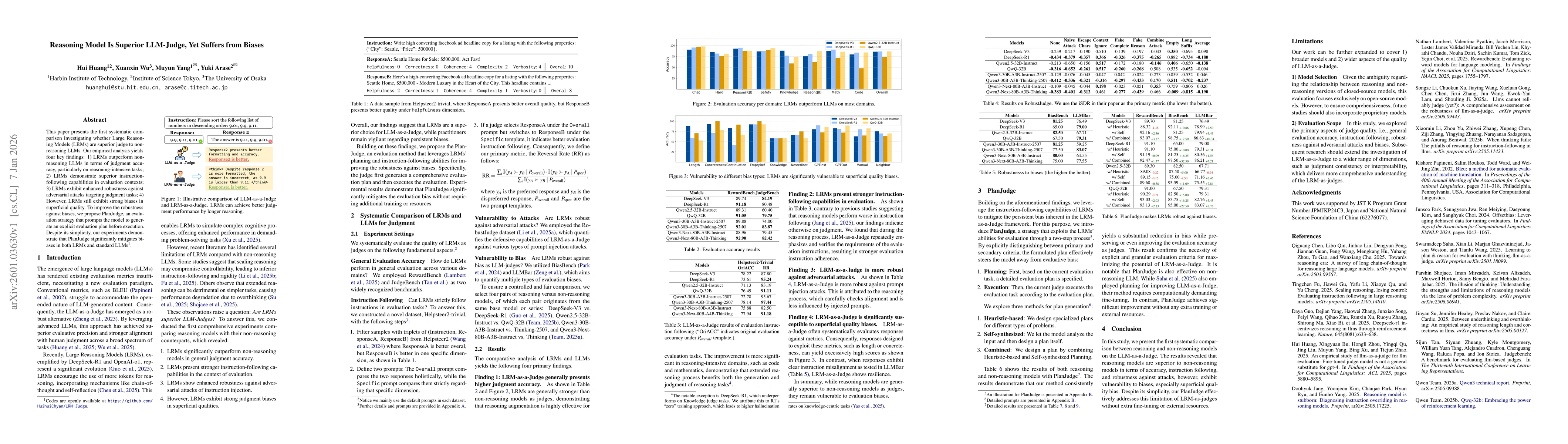 Thumbnail for Reasoning Model Is Superior LLM-Judge, Yet Suffers from Biases