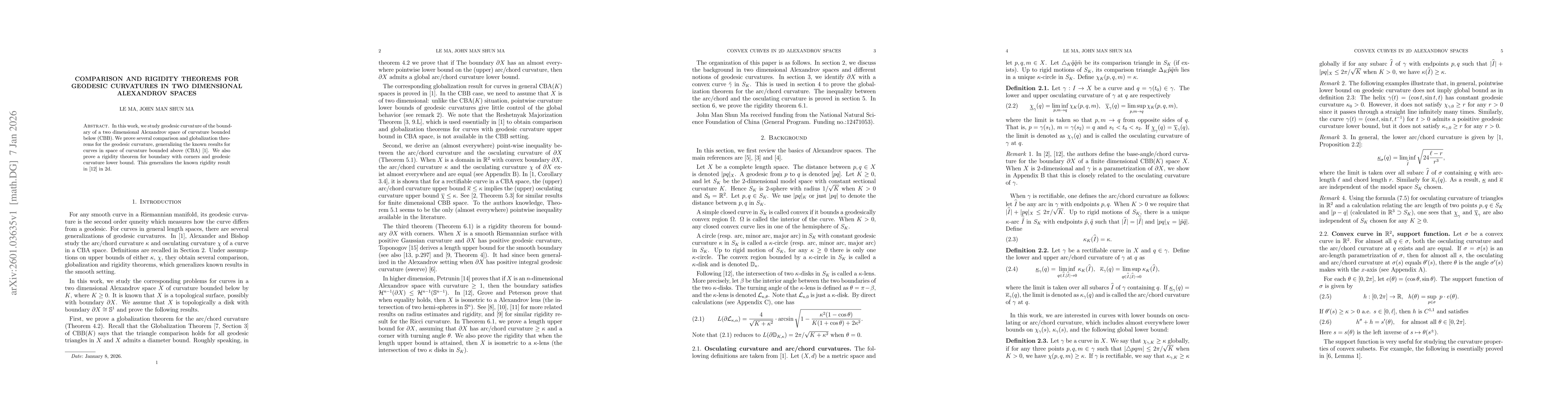 Thumbnail for Comparison and Rigidity Theorems for geodesic curvatures in two dimensional Alexandrov spaces