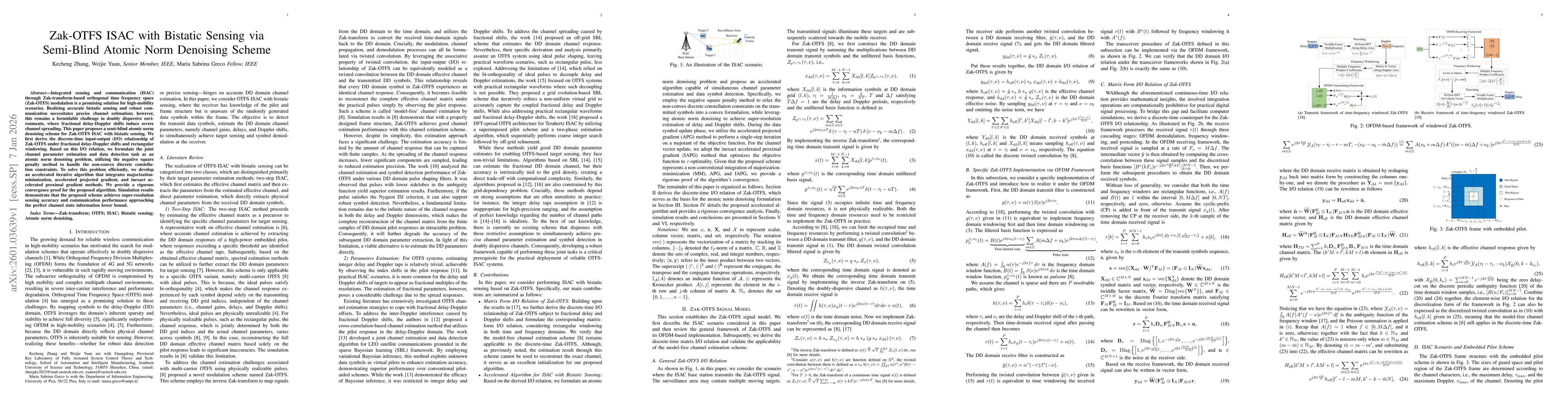 Thumbnail for Zak-OTFS ISAC with Bistatic Sensing via Semi-Blind Atomic Norm Denoising Scheme