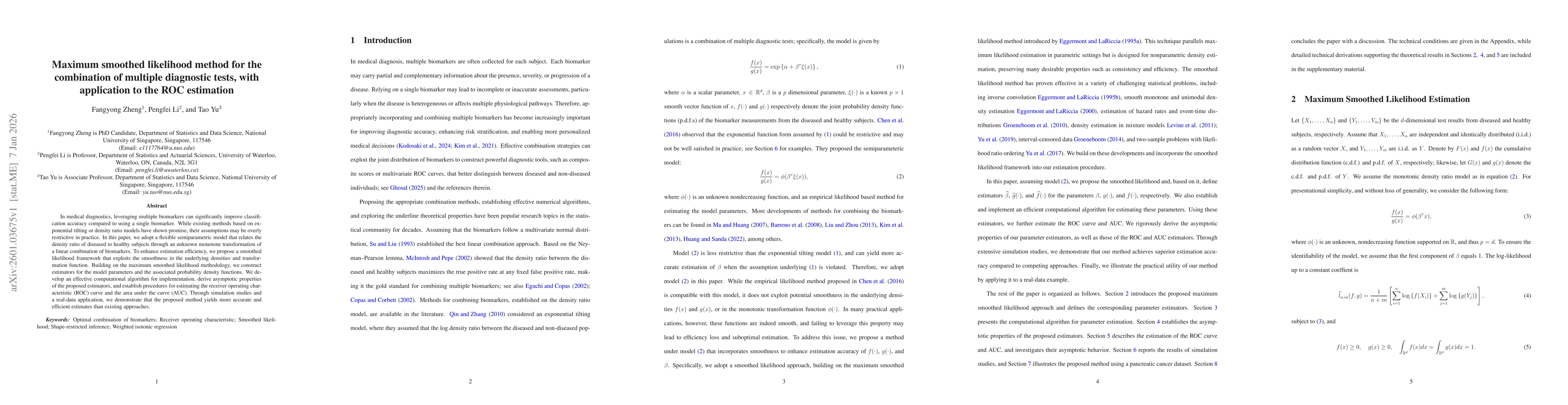 Thumbnail for Maximum smoothed likelihood method for the combination of multiple diagnostic tests, with application to the ROC estimation
