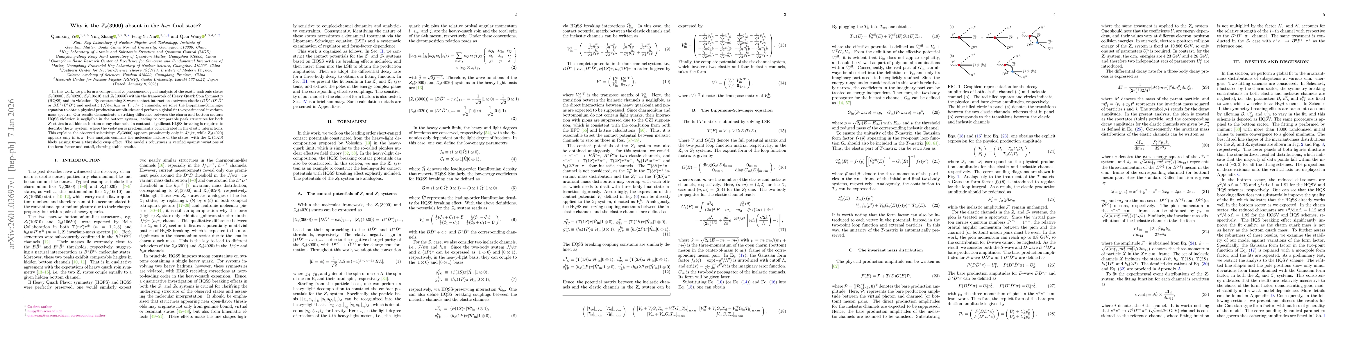 Thumbnail for Why is the $Z_c(3900)$ absent in the $h_cπ$ final state?