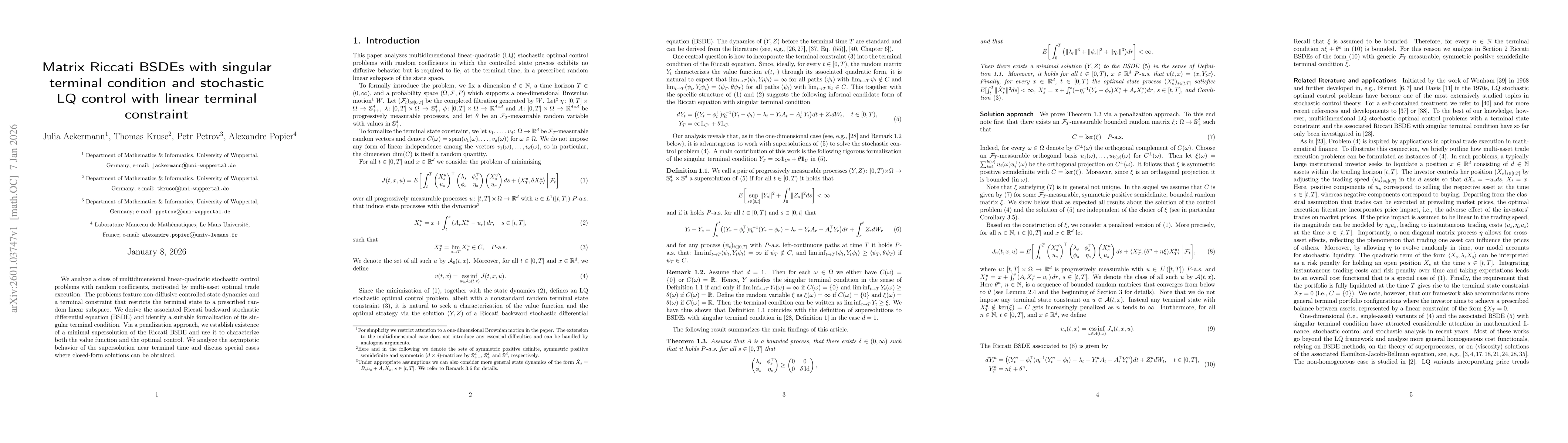 Thumbnail for Matrix Riccati BSDEs with singular terminal condition and stochastic LQ control with linear terminal constraint