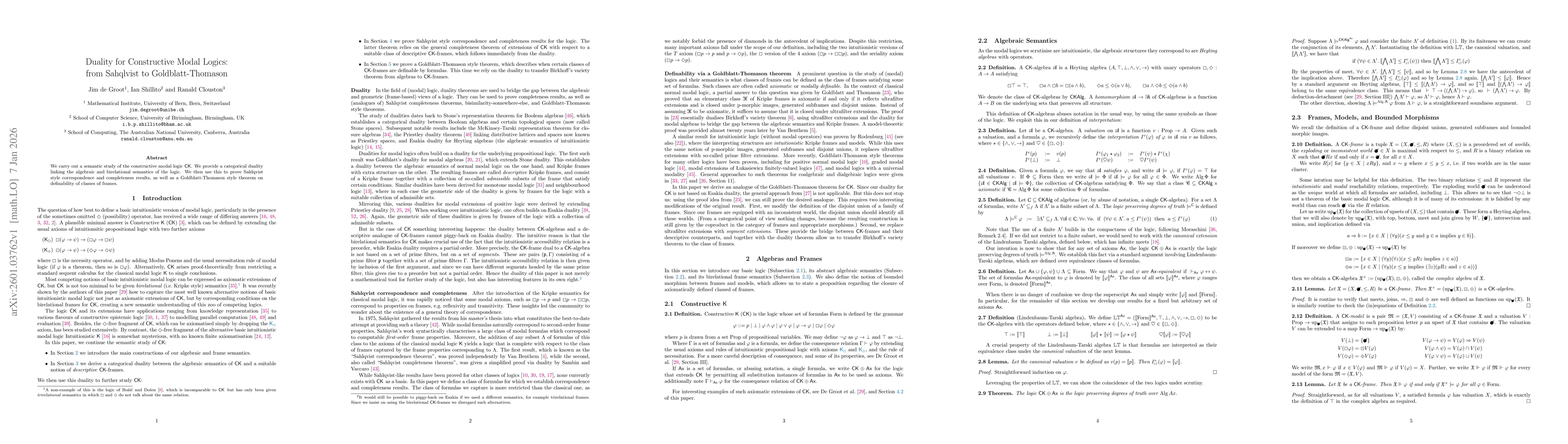 Thumbnail for Duality for Constructive Modal Logics: from Sahqlvist to Goldblatt-Thomason