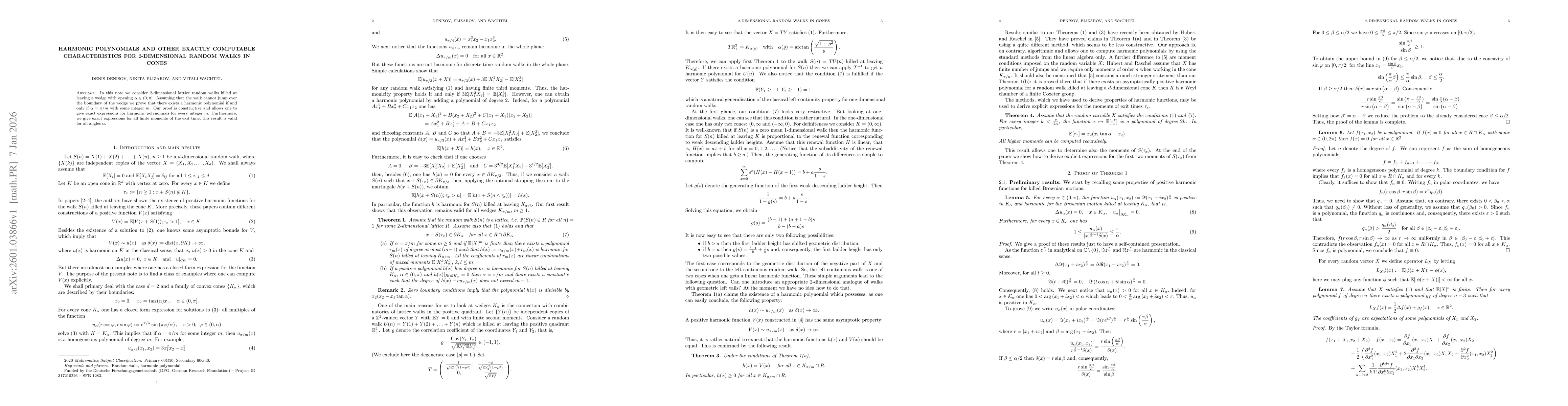 Thumbnail for Harmonic polynomials and other exactly computable characteristics for $2$-dimensional random walks in cones
