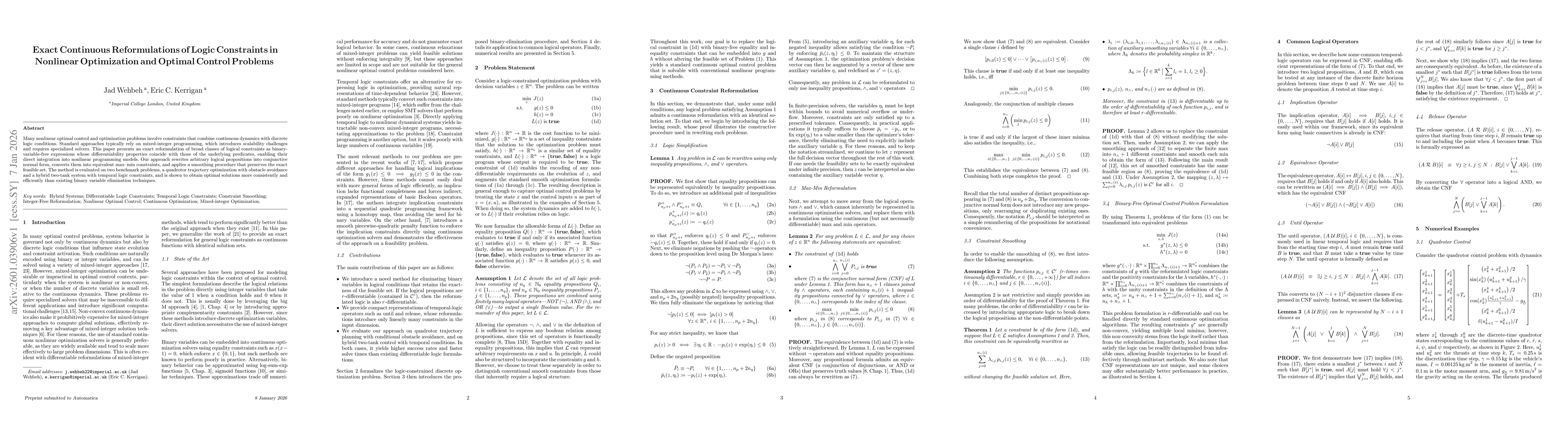 Thumbnail for Exact Continuous Reformulations of Logic Constraints in Nonlinear Optimization and Optimal Control Problems