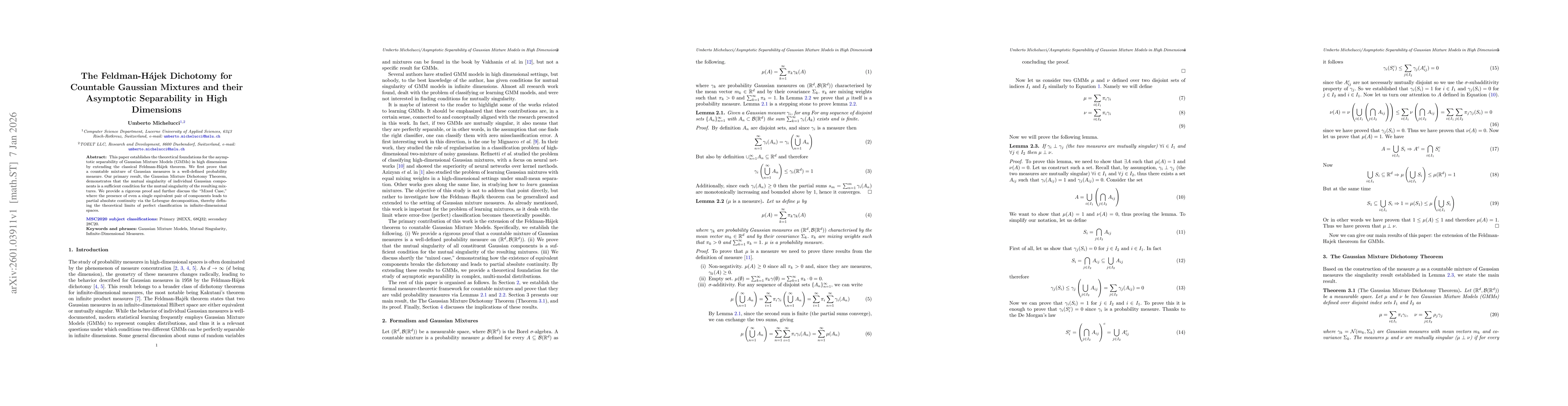 Thumbnail for The Feldman-Hájek Dichotomy for Countable Gaussian Mixtures and their Asymptotic Separability in High Dimensions