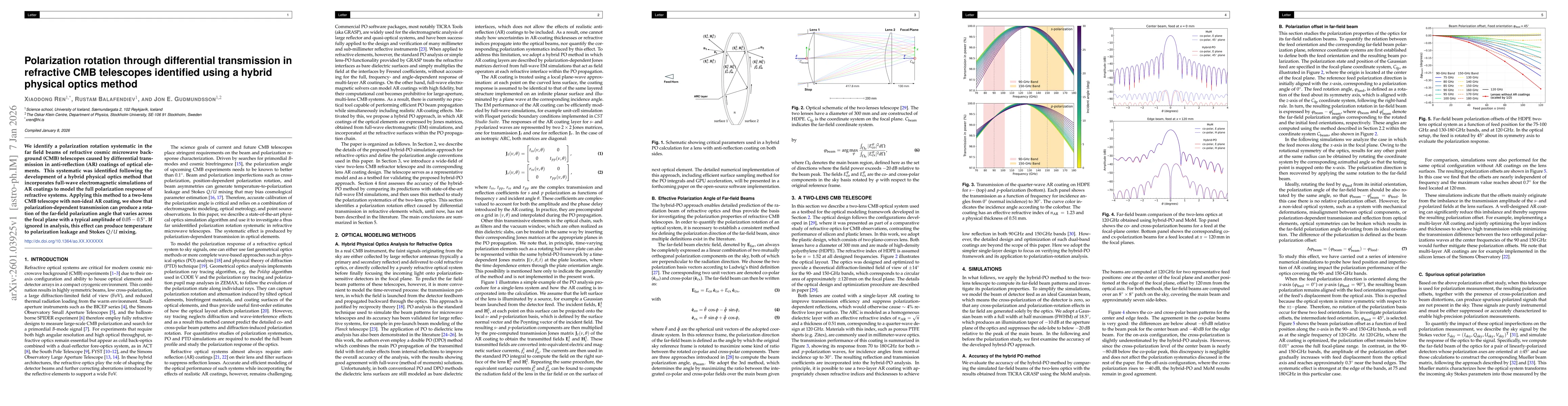 Thumbnail for Polarization rotation through differential transmission in refractive CMB telescopes identified using a hybrid physical optics method