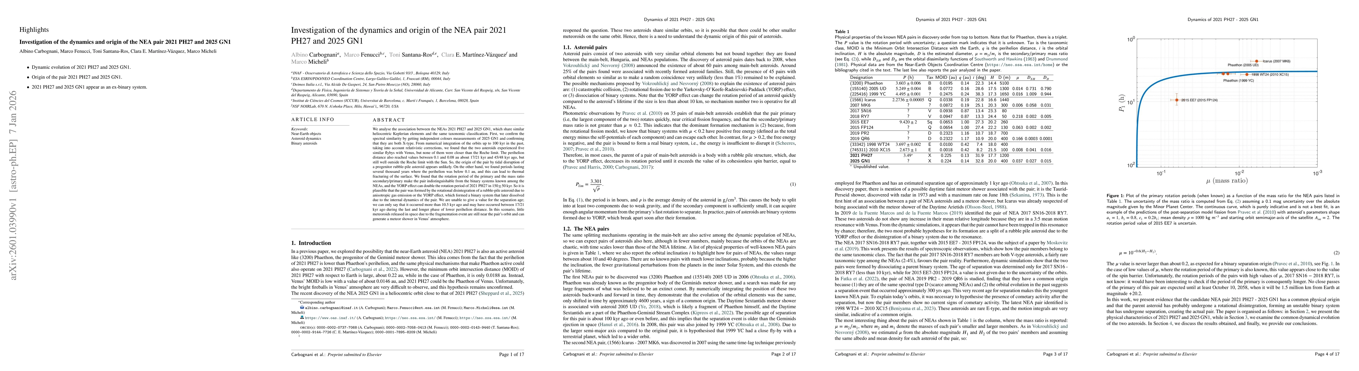 Thumbnail for Investigation of the dynamics and origin of the NEA pair 2021 PH27 and 2025 GN1