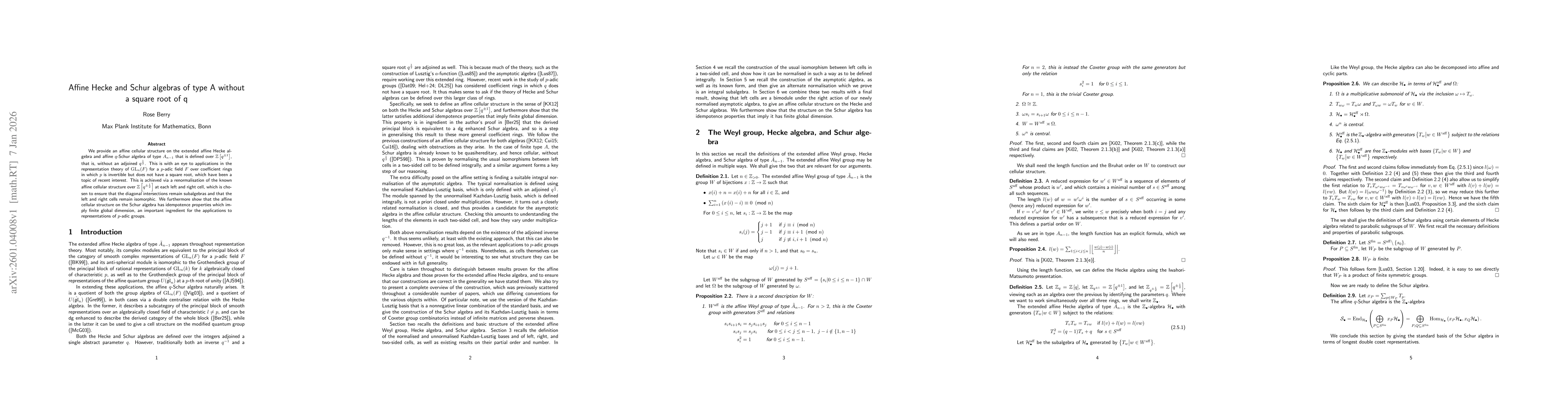 Thumbnail for Affine Hecke and Schur algebras of type A without a square root of q