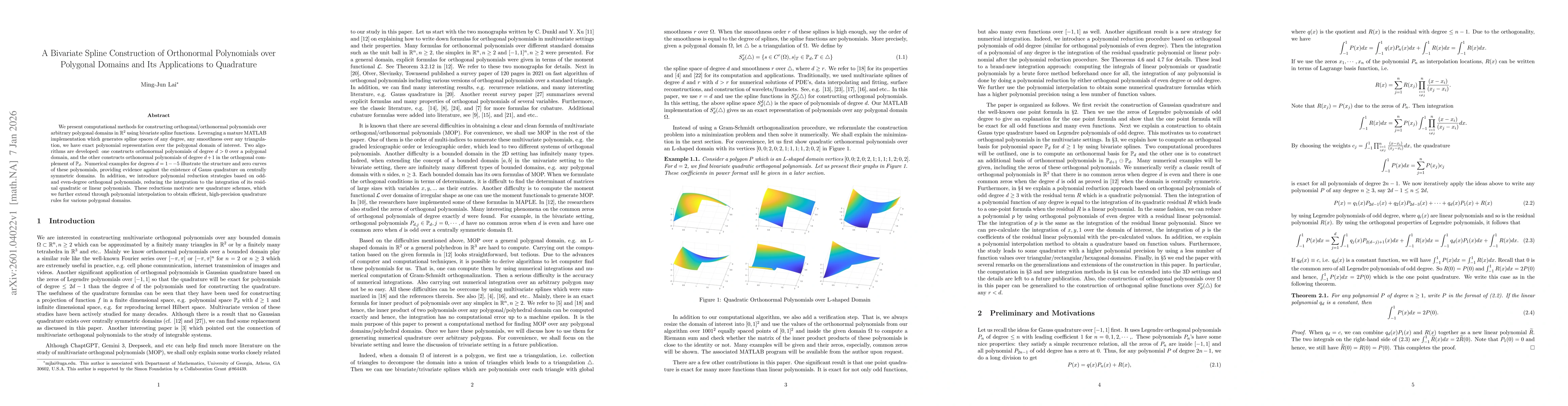Thumbnail for A Bivariate Spline Construction of Orthonormal Polynomials over Polygonal Domains and Its Applications to Quadrature