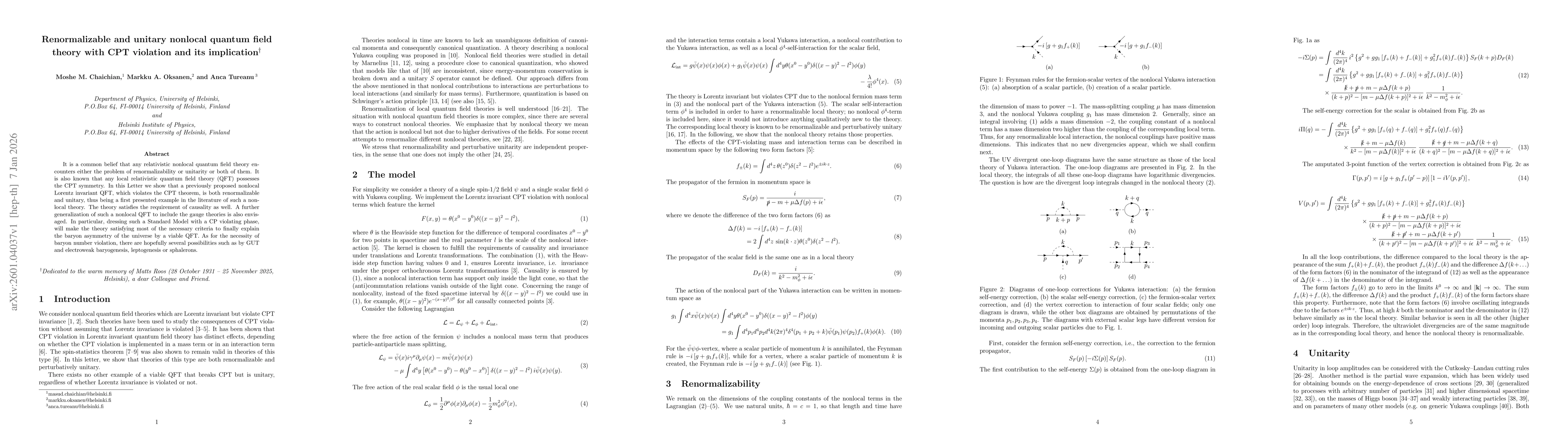 Thumbnail for Renormalizable and unitary nonlocal quantum field theory with CPT violation and its implication