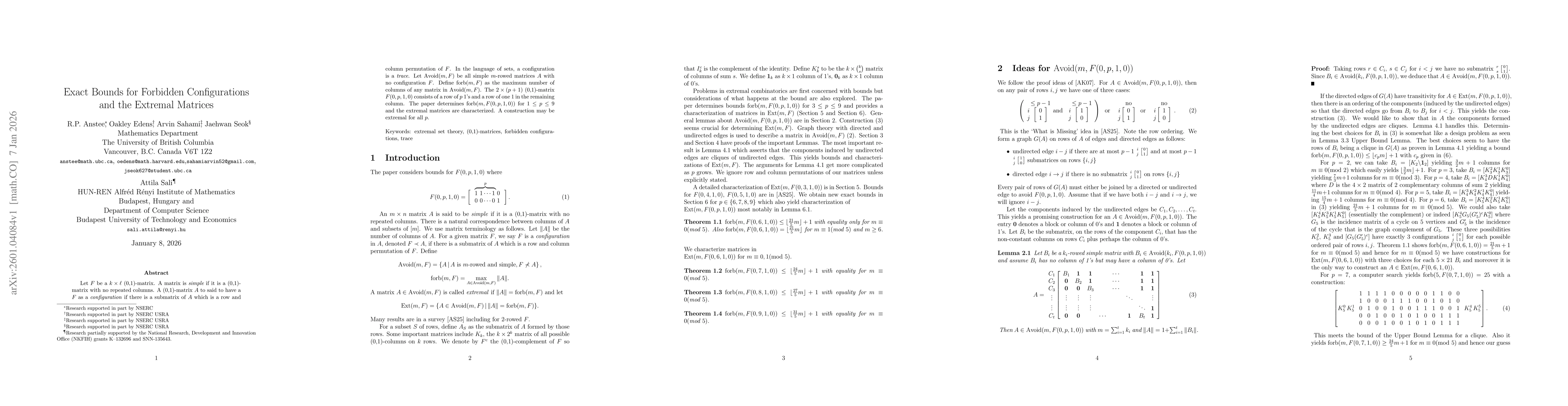 Thumbnail for Exact Bounds for Forbidden Configurations and the Extremal Matrices
