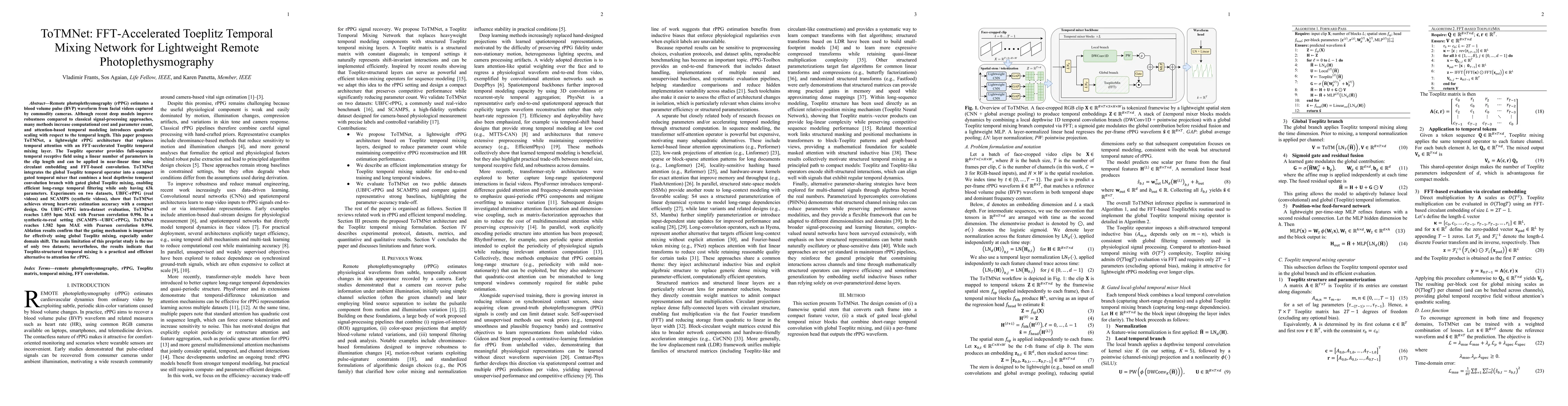 Thumbnail for ToTMNet: FFT-Accelerated Toeplitz Temporal Mixing Network for Lightweight Remote Photoplethysmography