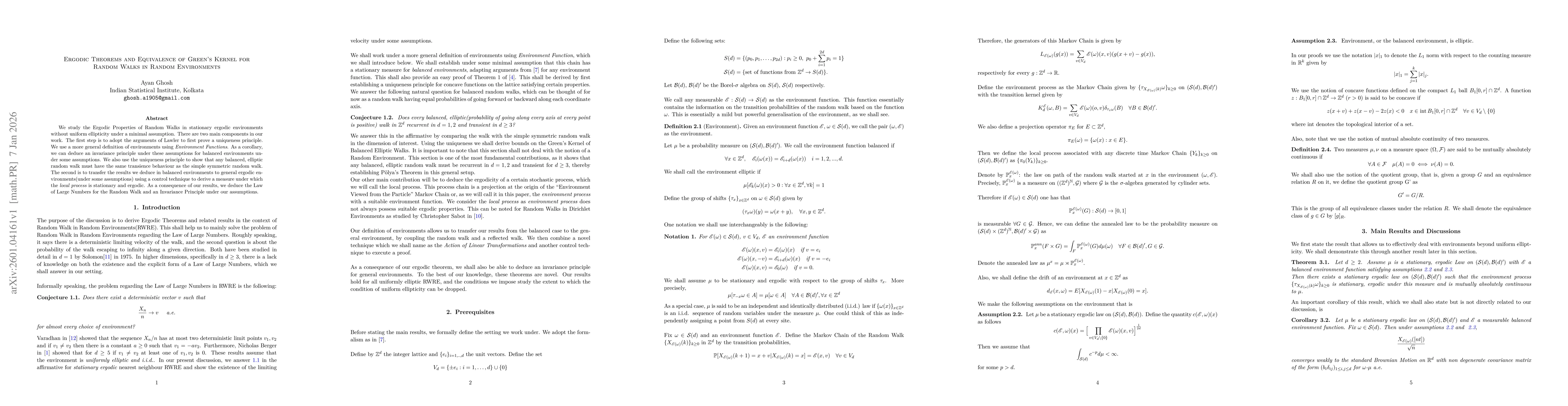 Thumbnail for Ergodic Theorems and Equivalence of Green's Kernel for Random Walks in Random Environments