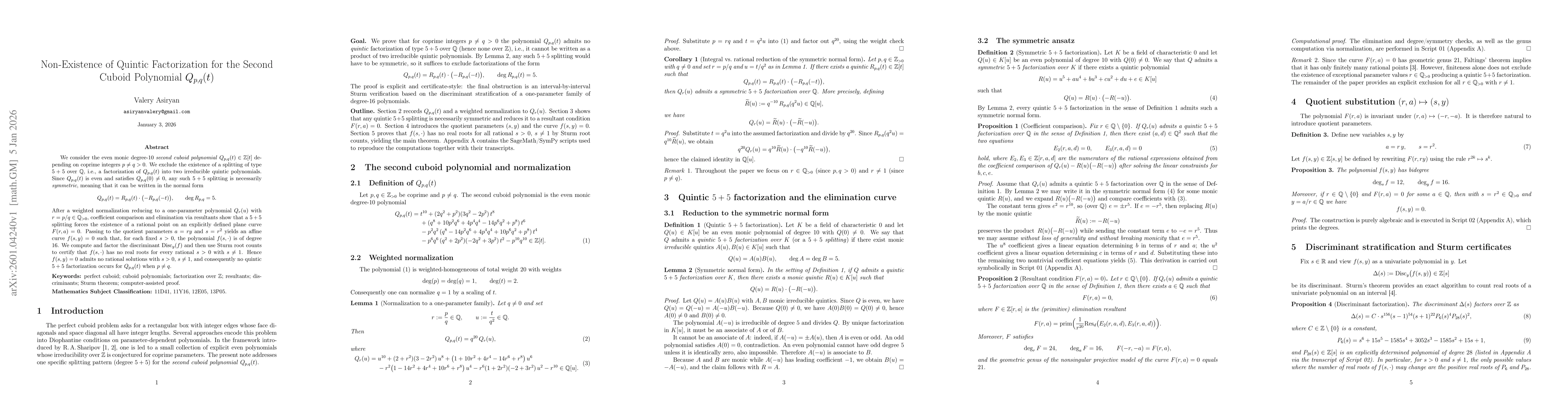 Thumbnail for Non-Existence of Quintic Factorization for the Second Cuboid Polynomial $Q_{p,q}(t)$