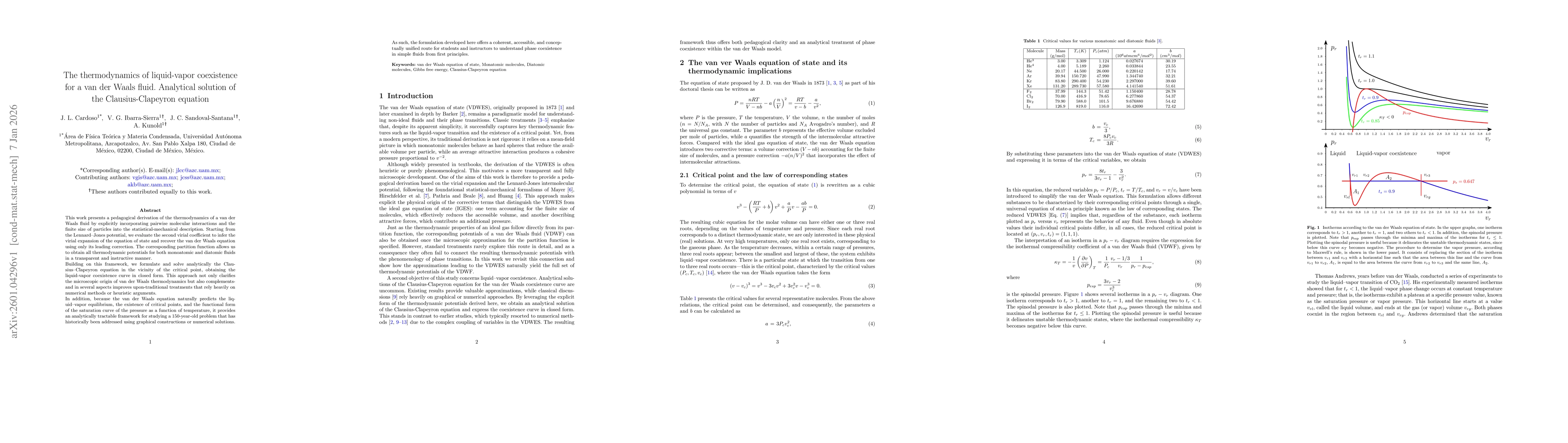 Thumbnail for The thermodynamics of liquid-vapor coexistence for a van der Waals fluid. Analytical solution of the Clausius-Clapeyron equation