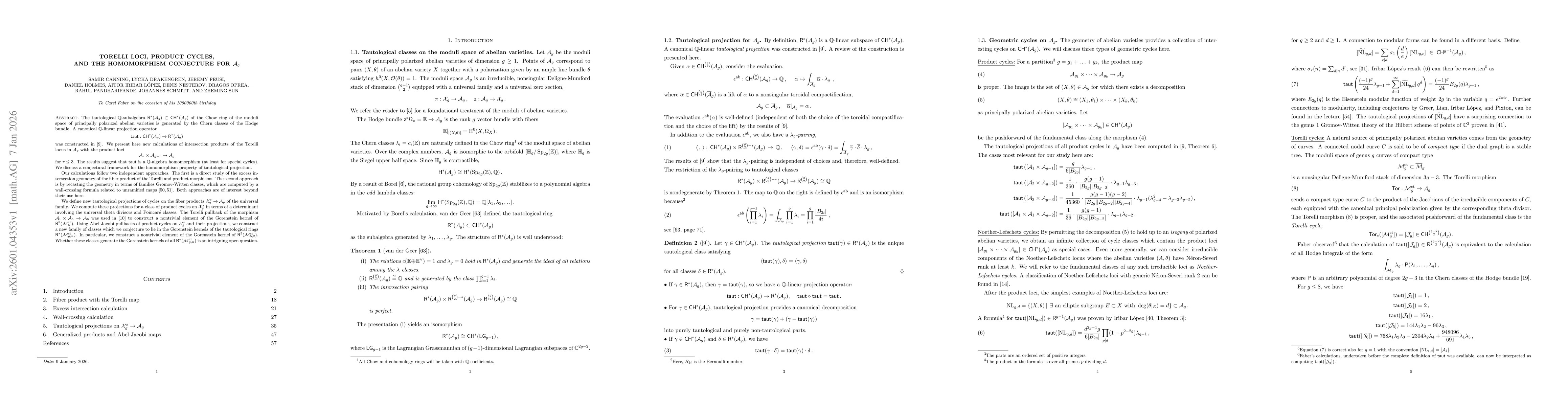 Thumbnail for Torelli loci, product cycles, and the homomorphism conjecture for $\mathcal{A}_g$