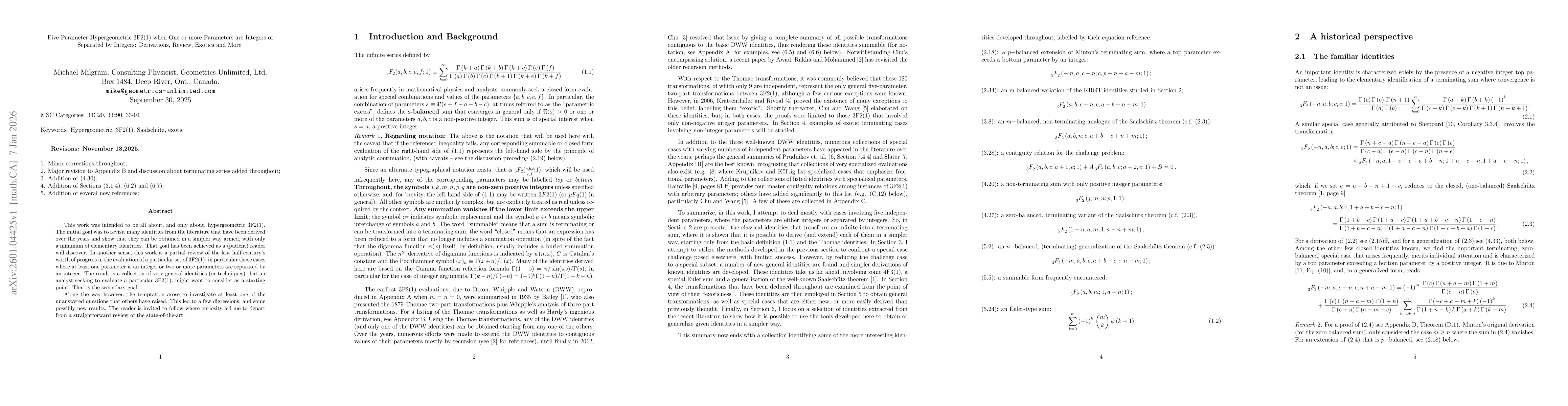 Thumbnail for Five Parameter Hypergeometric 3F2(1) when One or more Parameters are Integers or Separated by Integers: Derivations, Review, Exotics and More
