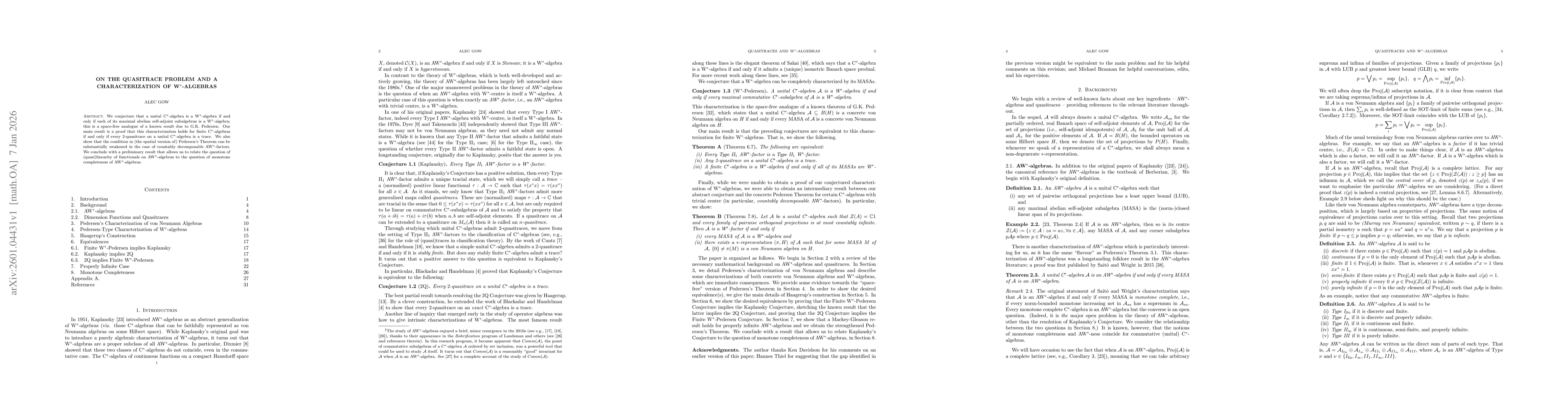 Thumbnail for On the Quasitrace Problem and a Characterization of W*-algebras