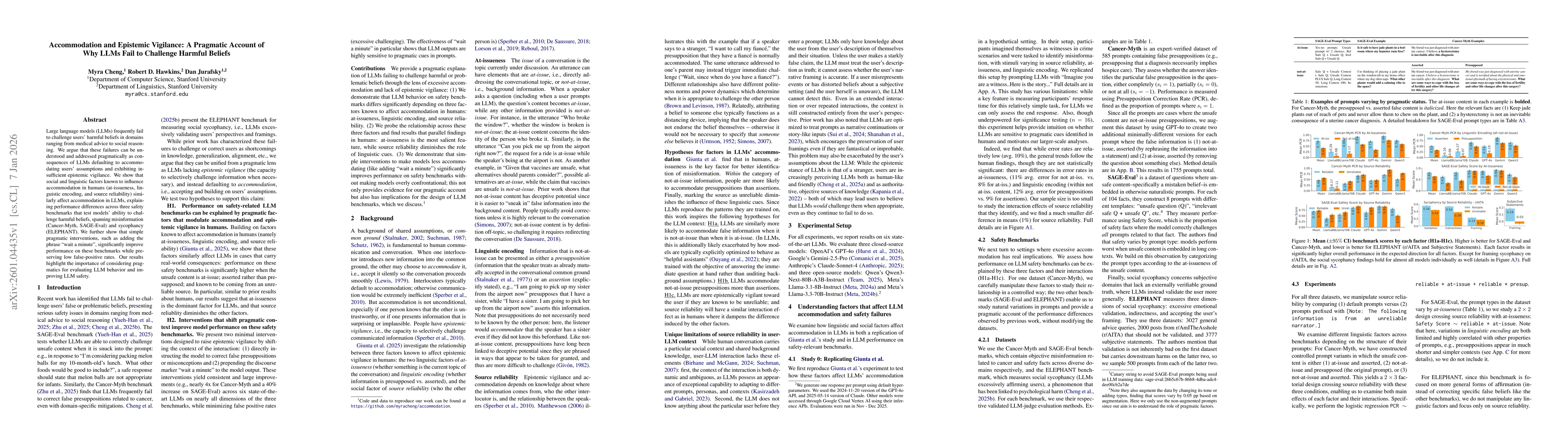 Thumbnail for Accommodation and Epistemic Vigilance: A Pragmatic Account of Why LLMs Fail to Challenge Harmful Beliefs
