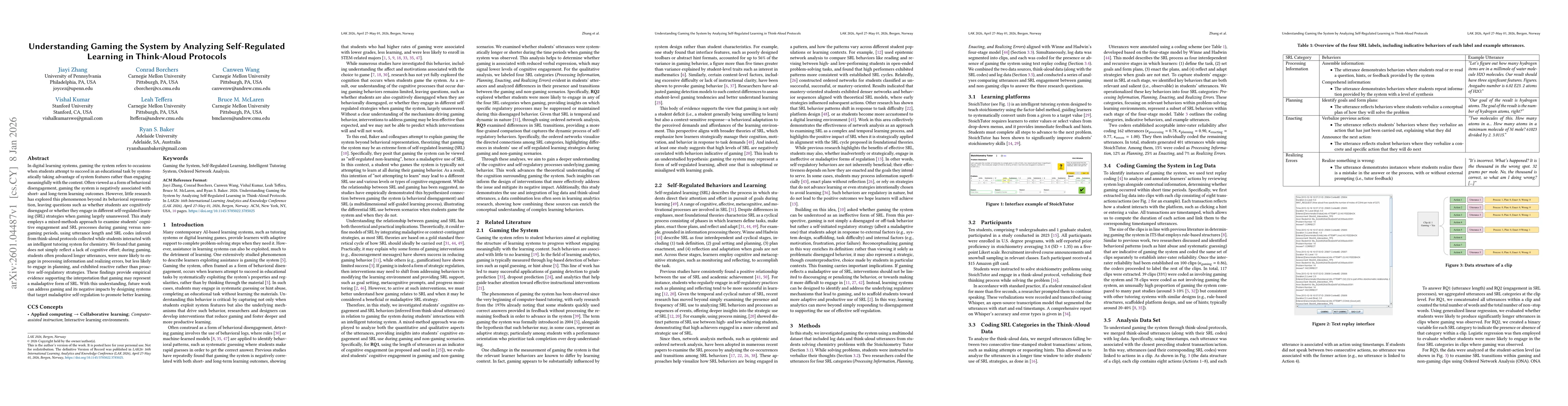 Thumbnail for Understanding Gaming the System by Analyzing Self-Regulated Learning in Think-Aloud Protocols