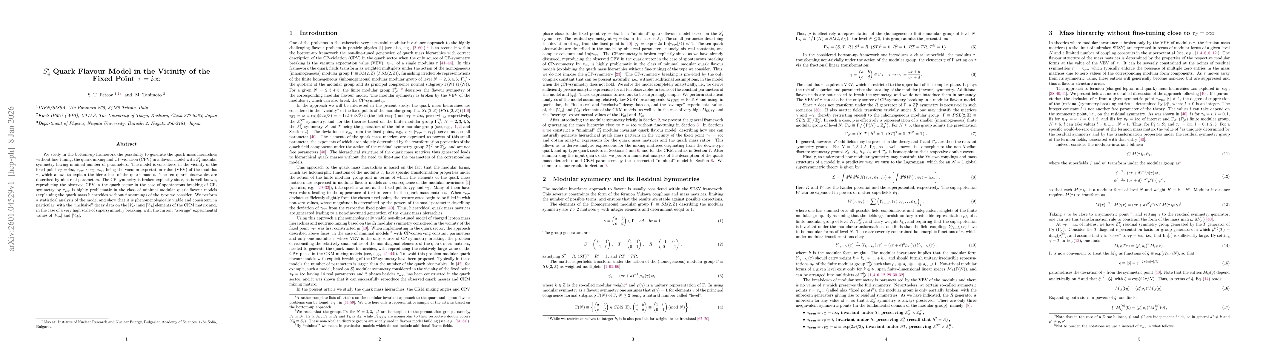 Thumbnail for $S^\prime_4$ Quark Flavour Model in the Vicinity of the Fixed Point $τ= i\infty$