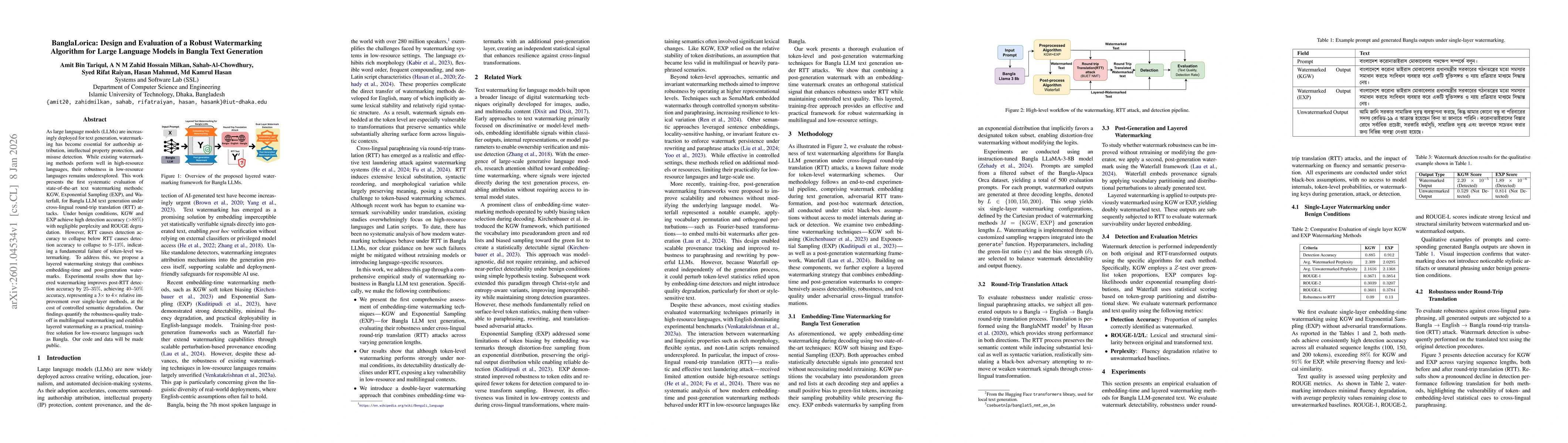 Thumbnail for BanglaLorica: Design and Evaluation of a Robust Watermarking Algorithm for Large Language Models in Bangla Text Generation
