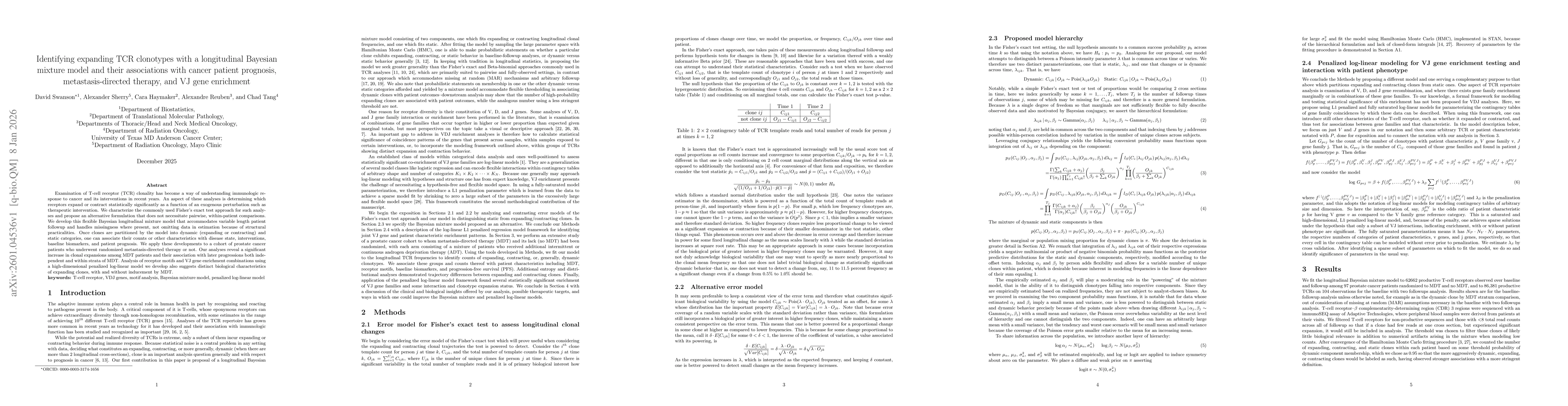 Thumbnail for Identifying expanding TCR clonotypes with a longitudinal Bayesian mixture model and their associations with cancer patient prognosis, metastasis-directed therapy, and VJ gene enrichment