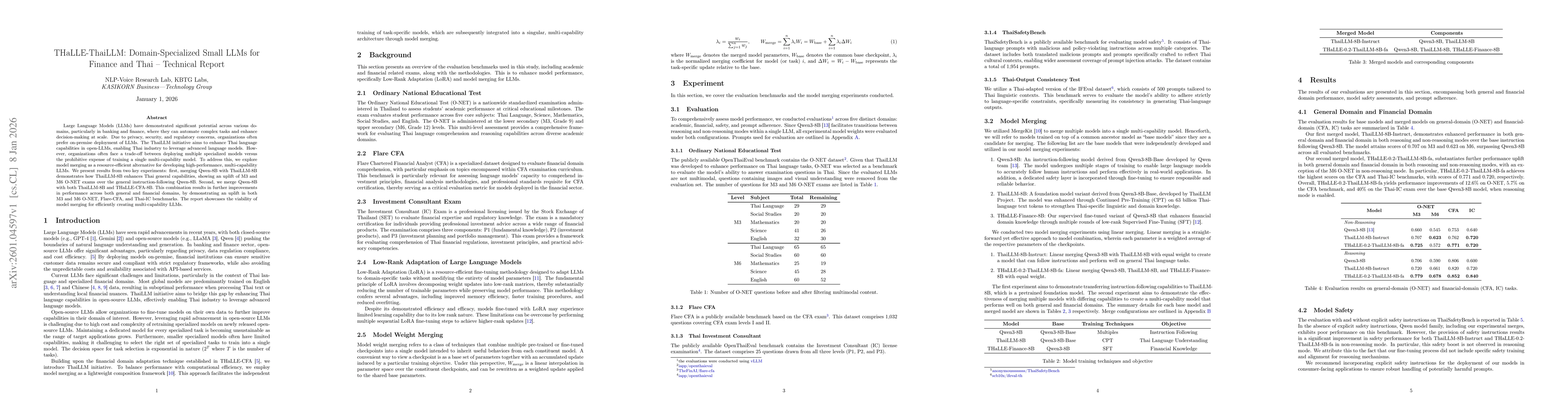 Thumbnail for THaLLE-ThaiLLM: Domain-Specialized Small LLMs for Finance and Thai -- Technical Report