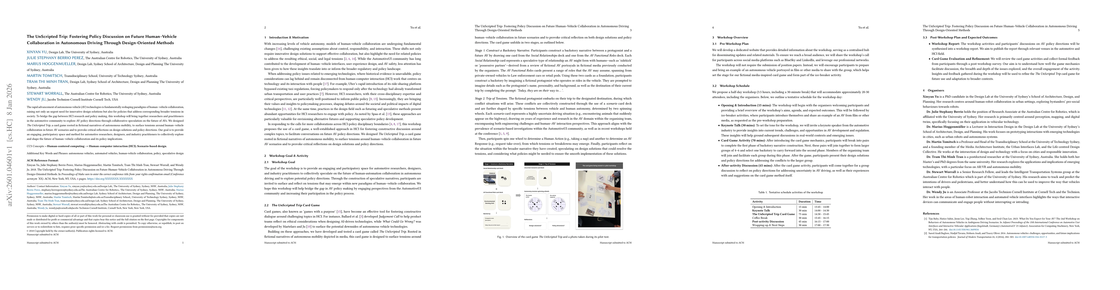 Thumbnail for The UnScripted Trip: Fostering Policy Discussion on Future Human-Vehicle Collaboration in Autonomous Driving Through Design-Oriented Methods