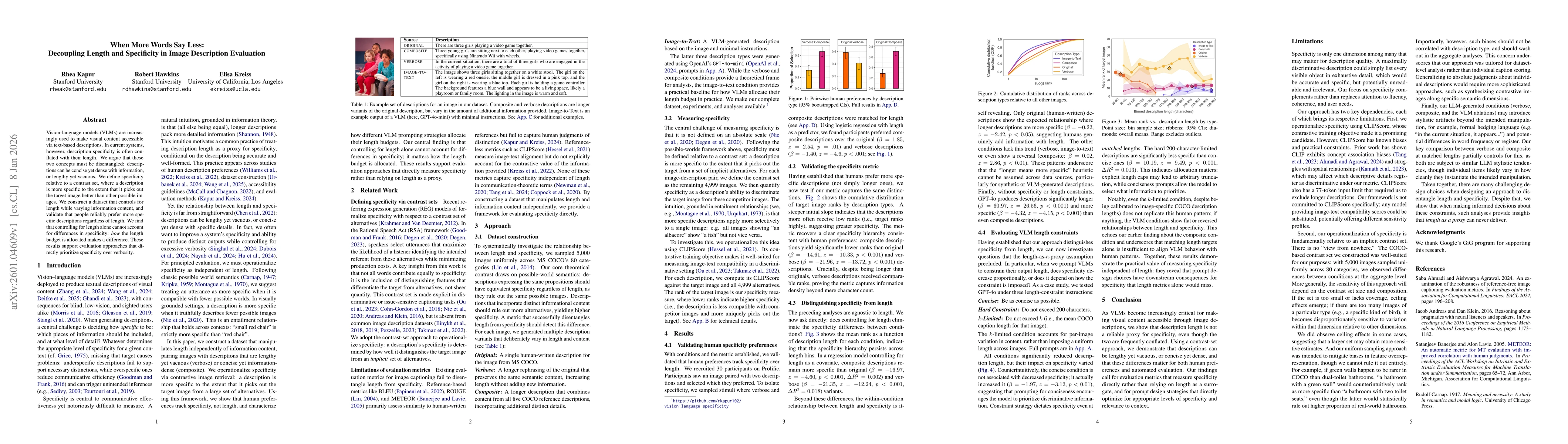Thumbnail for When More Words Say Less: Decoupling Length and Specificity in Image Description Evaluation