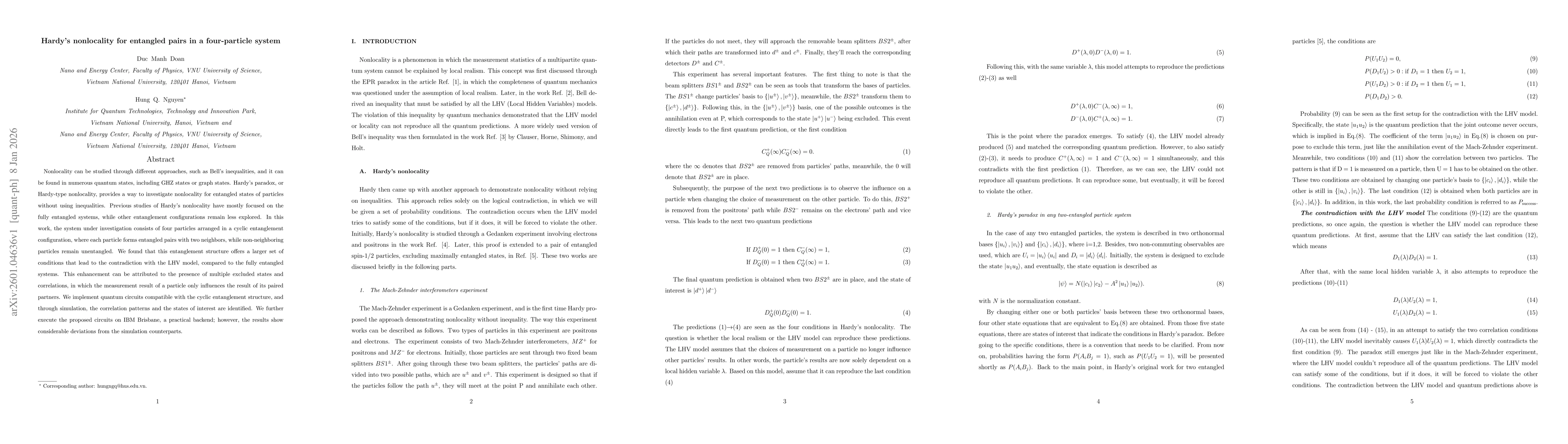 Thumbnail for Hardy nonlocality for entangled pairs in a four-particle system