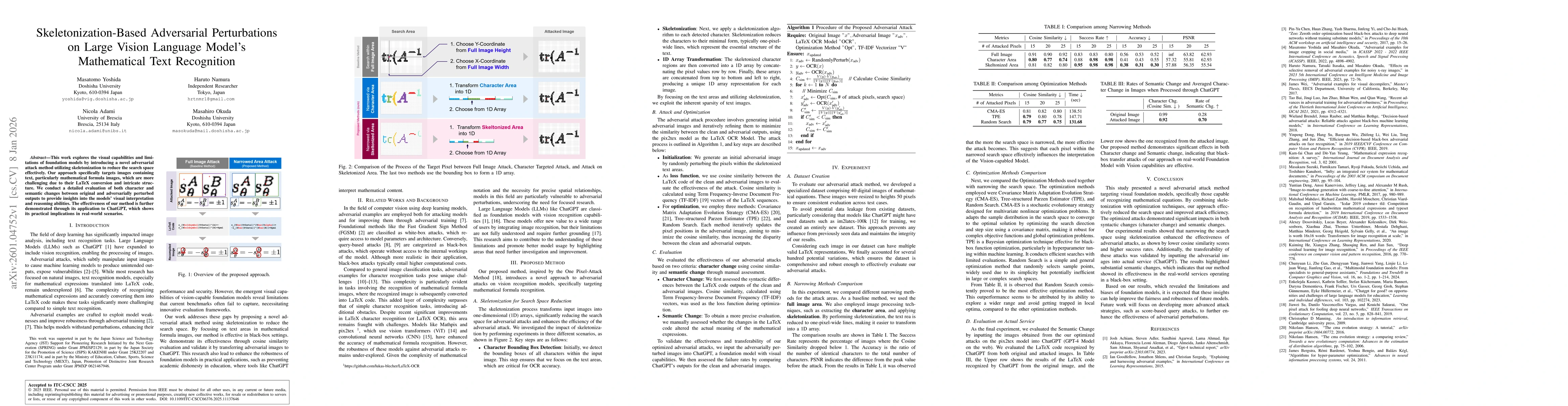Thumbnail for Skeletonization-Based Adversarial Perturbations on Large Vision Language Model's Mathematical Text Recognition