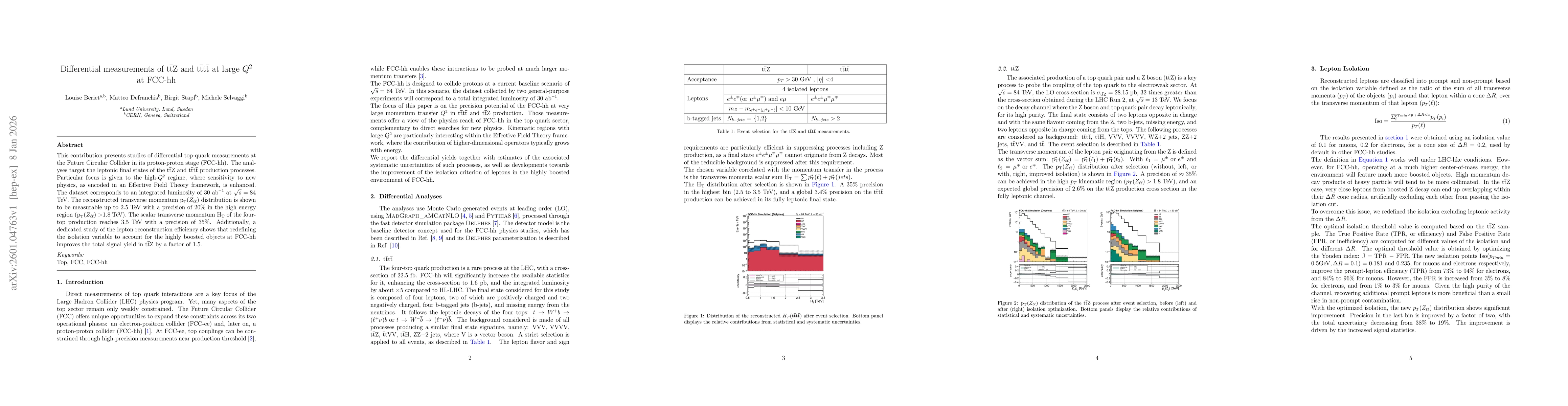Thumbnail for Differential measurements of $\bar{t}tZ$ and $\bar{t}t\bar{t}t$ at large $Q^2$ at FCC-hh