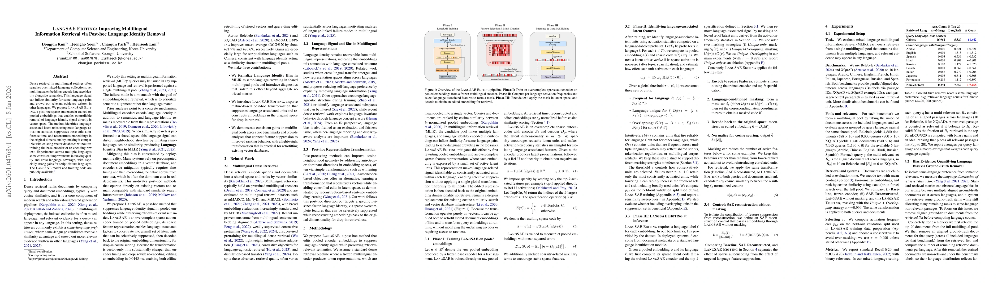 Thumbnail for LANGSAE EDITING: Improving Multilingual Information Retrieval via Post-hoc Language Identity Removal