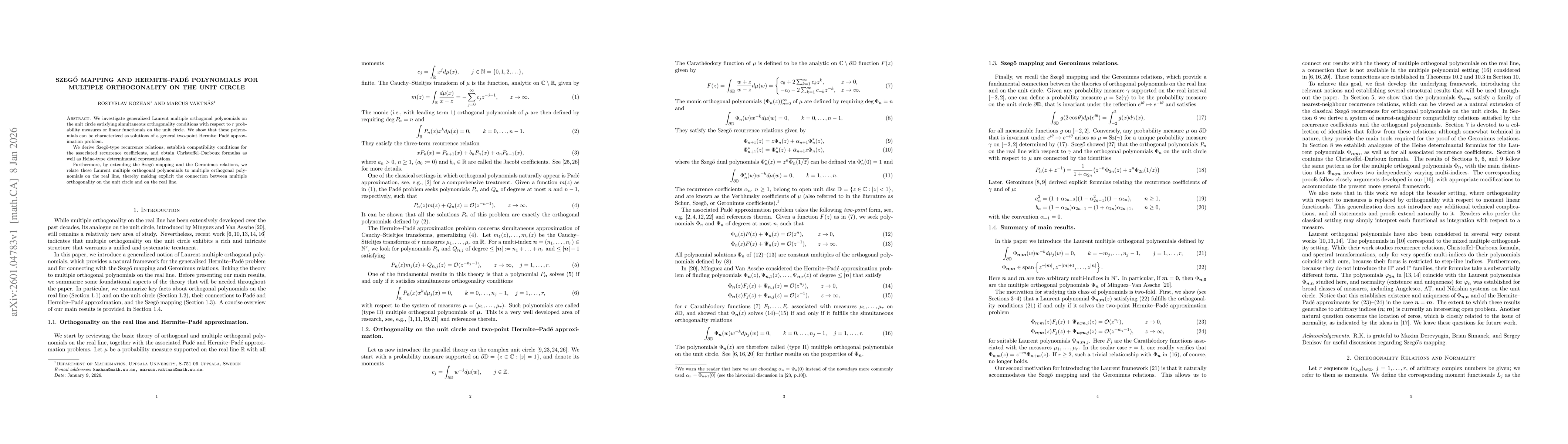 Thumbnail for Szegő Mapping and Hermite--Padé Polynomials for Multiple Orthogonality on the Unit Circle