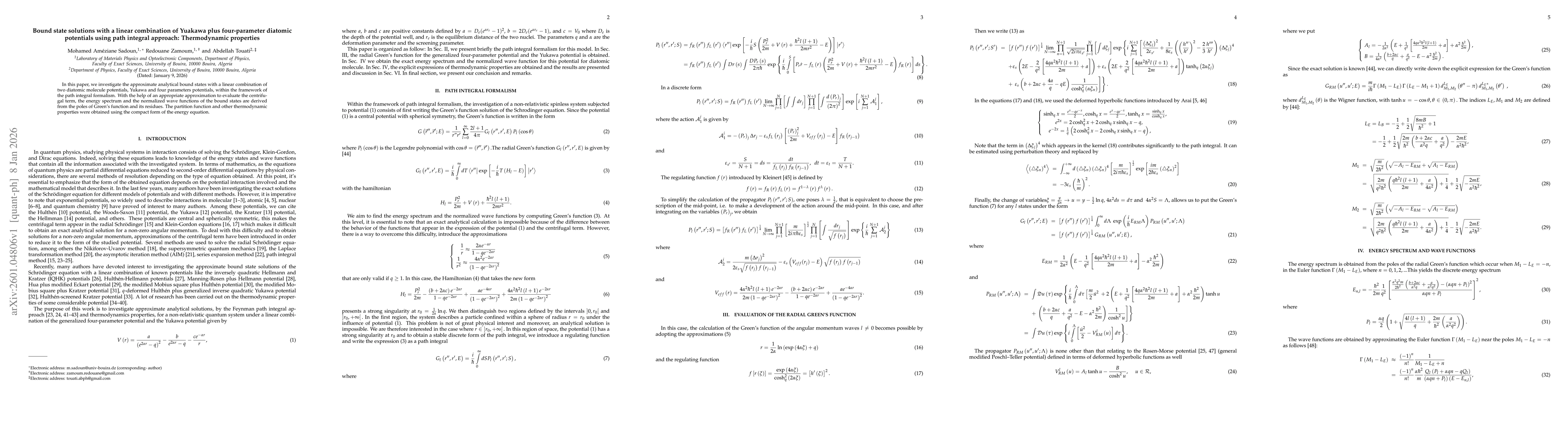 Thumbnail for Bound state solutions with a linear combination of Yuakawa plus four-parameter diatomic potentials using path integral approach: Thermodynamic properties