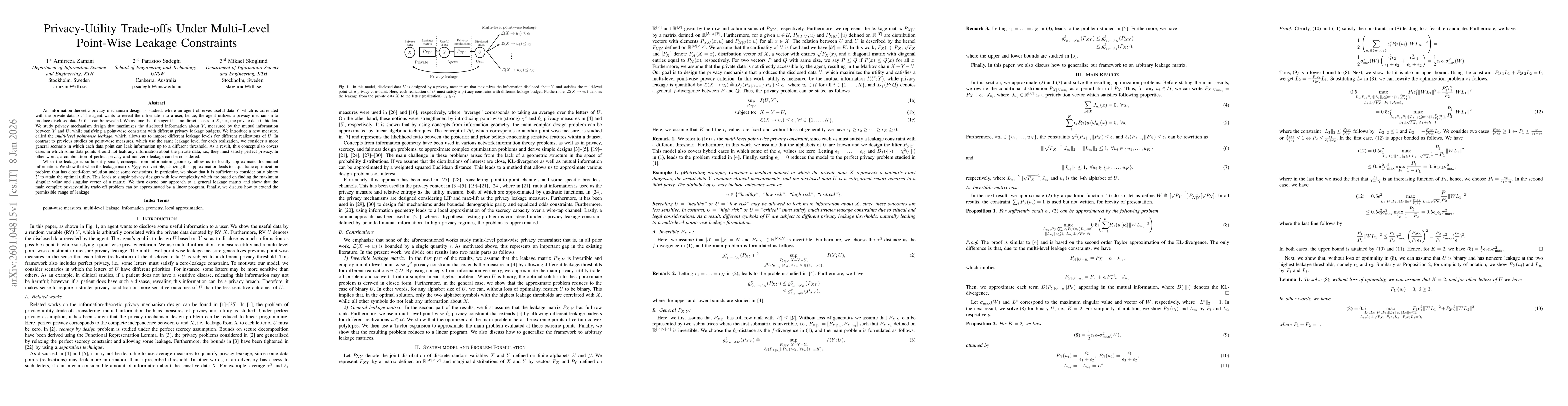 Thumbnail for Privacy-Utility Trade-offs Under Multi-Level Point-Wise Leakage Constraints
