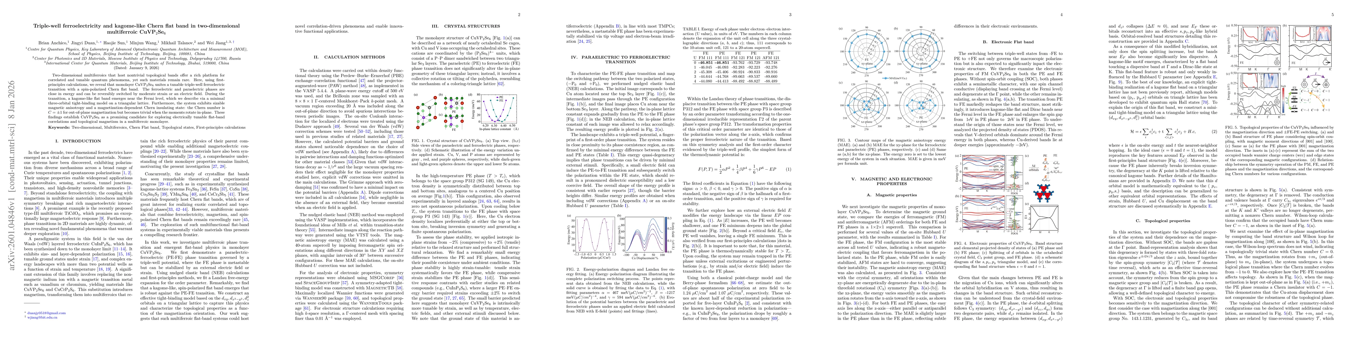 Thumbnail for Triple-well ferroelectricity and kagome-like Chern flat band in two-dimensional multiferroic CuVP$_2$Se$_6$