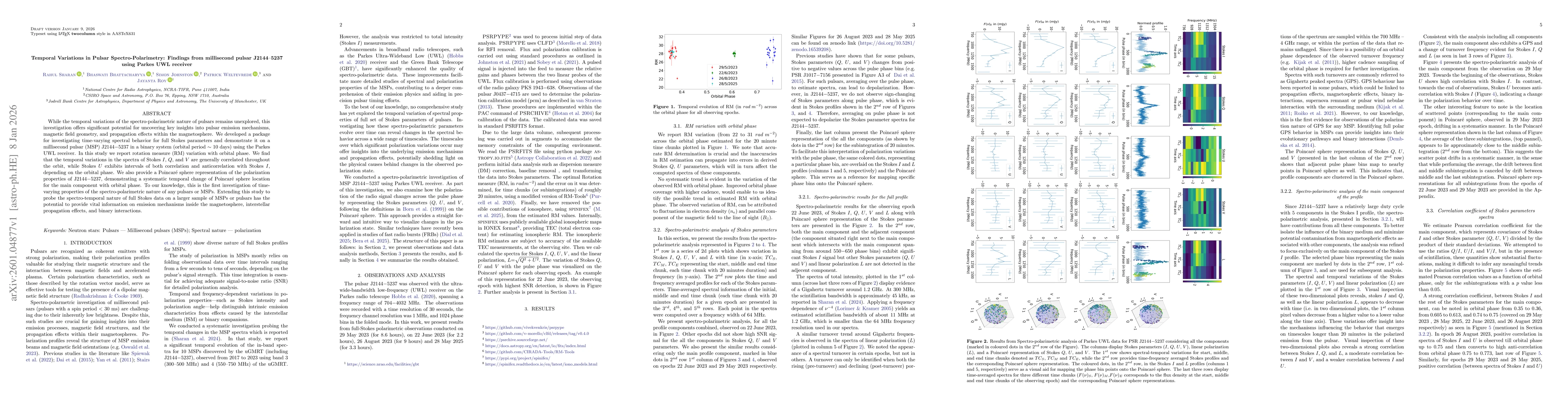 Thumbnail for Temporal Variations in Pulsar Spectro-Polarimetry: Findings from millisecond pulsar J2144-5237 using Parkes UWL receiver