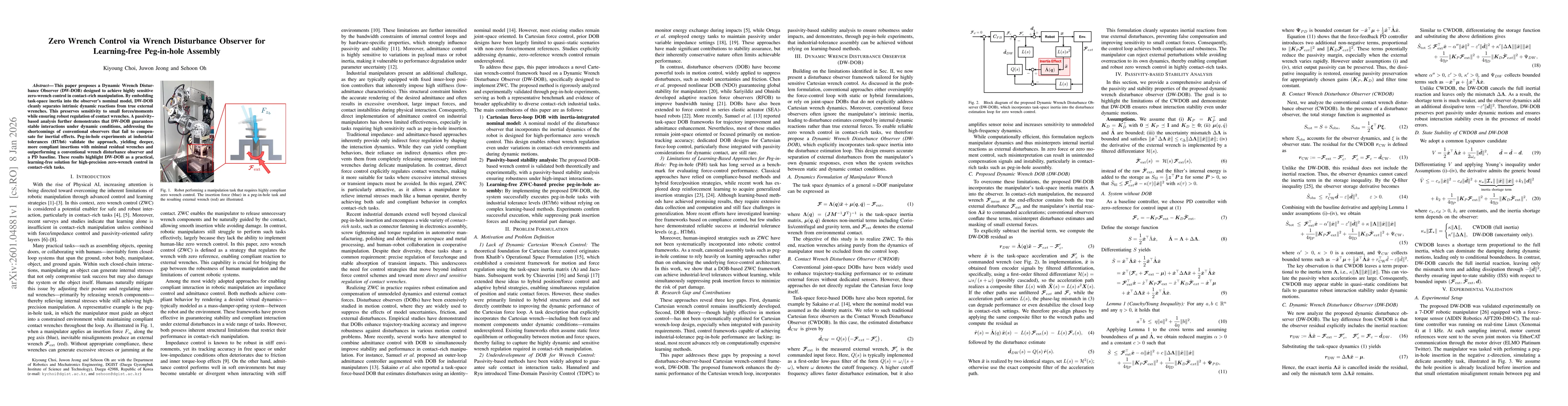 Thumbnail for Zero Wrench Control via Wrench Disturbance Observer for Learning-free Peg-in-hole Assembly