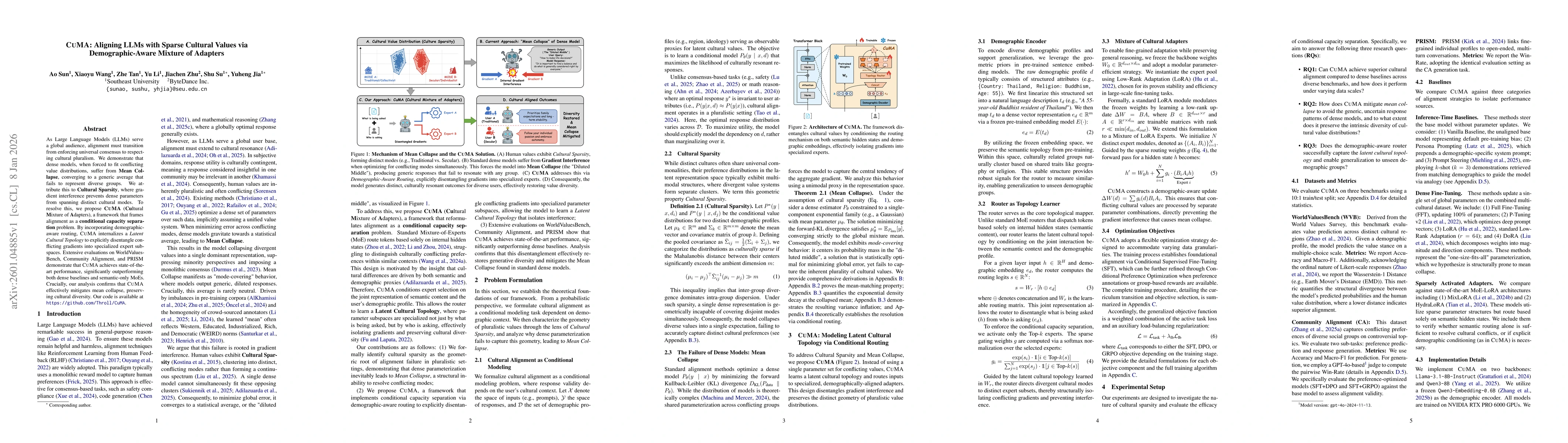 Thumbnail for CuMA: Aligning LLMs with Sparse Cultural Values via Demographic-Aware Mixture of Adapters