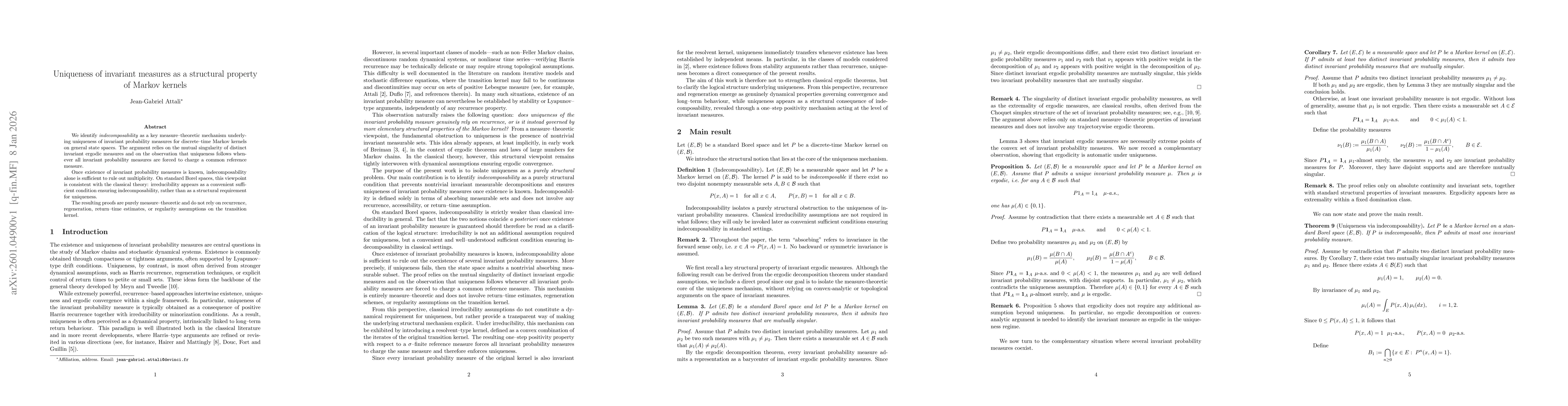 Thumbnail for Uniqueness of invariant measures as a structural property of markov kernels
