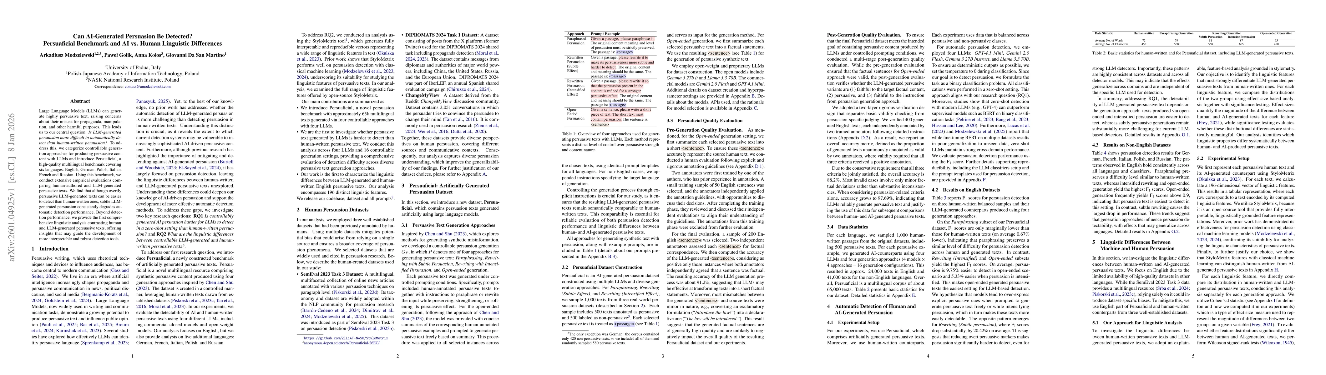 Thumbnail for Can AI-Generated Persuasion Be Detected? Persuaficial Benchmark and AI vs. Human Linguistic Differences
