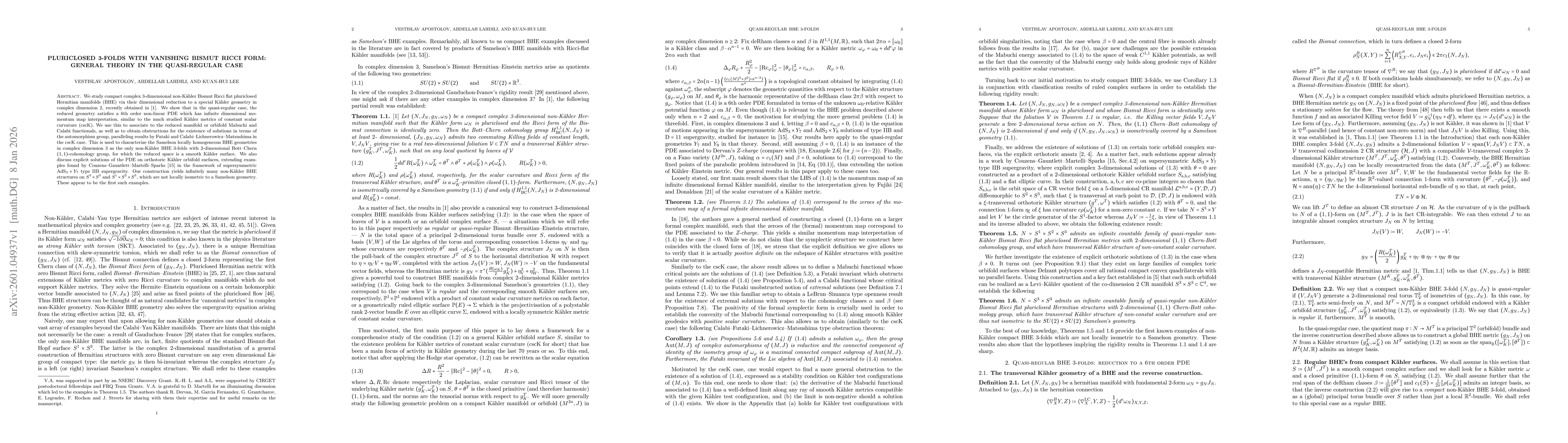 Thumbnail for Pluriclosed 3-folds with vanishing Bismut Ricci form: General theory in the quasi-regular case