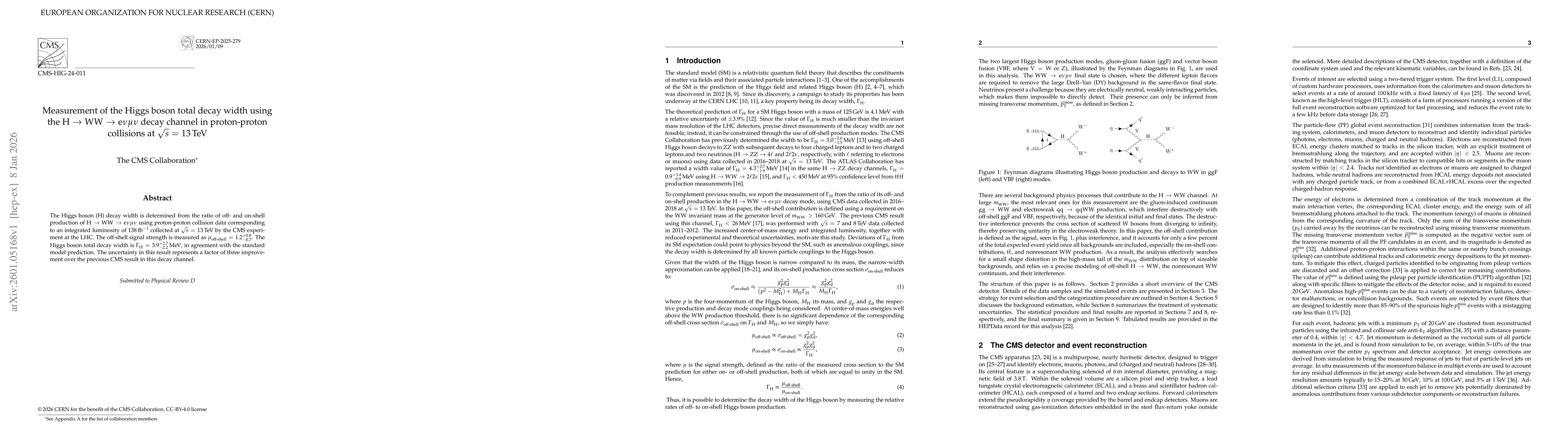 Thumbnail for Measurement of the Higgs boson total decay width using the H $\to$ WW $\to$ e$νμν$ decay channel in proton-proton collisions at $\sqrt{s}$ = 13 TeV