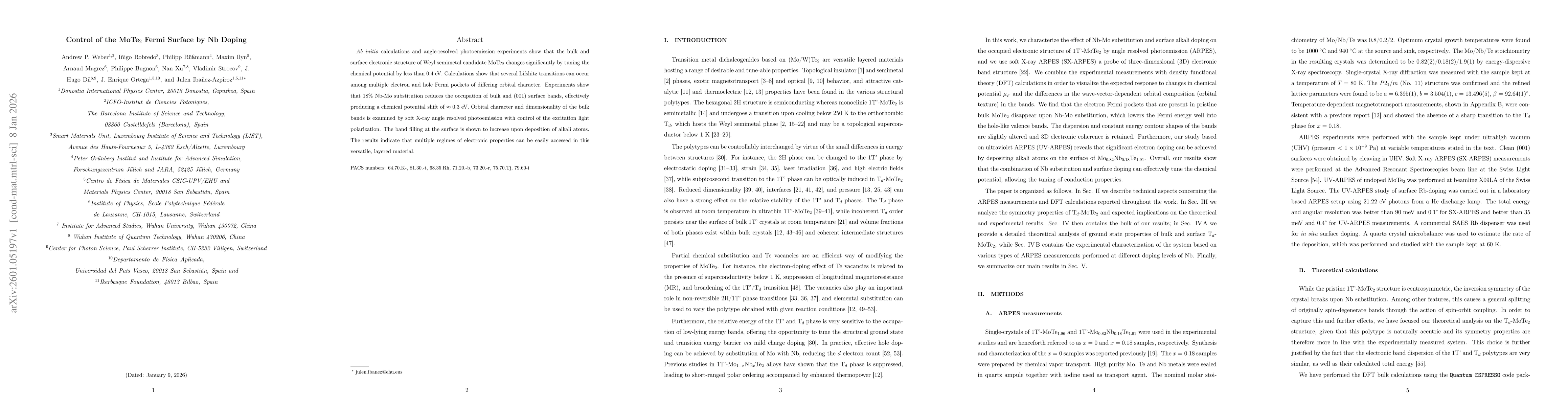 Thumbnail for Control of the MoTe$_2$ Fermi Surface by Nb Doping