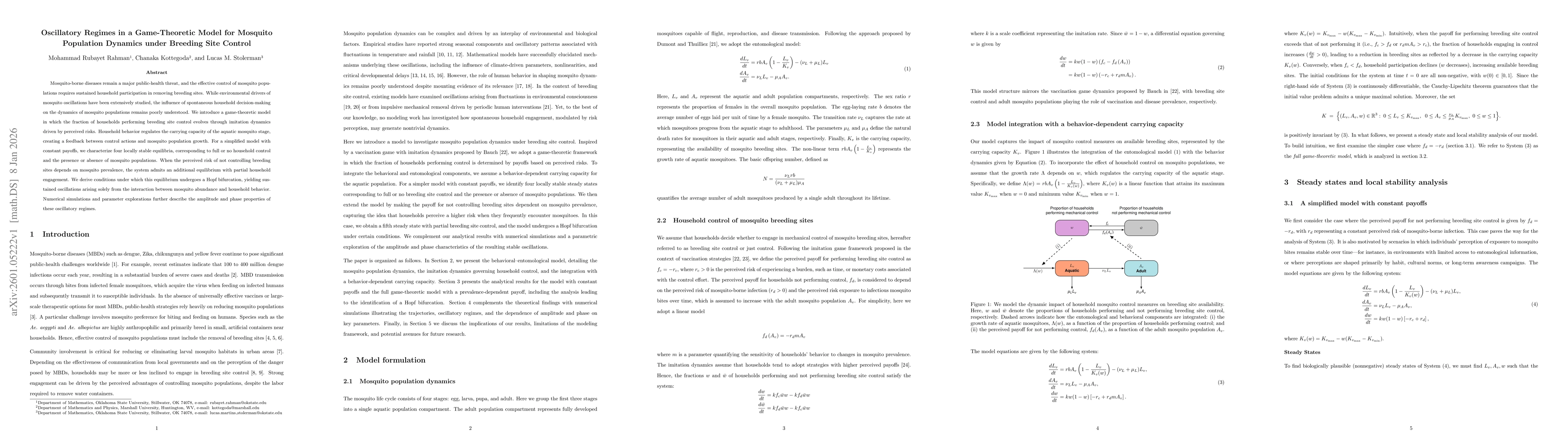 Thumbnail for Oscillatory Regimes in a Game-Theoretic Model for Mosquito Population Dynamics under Breeding Site Control