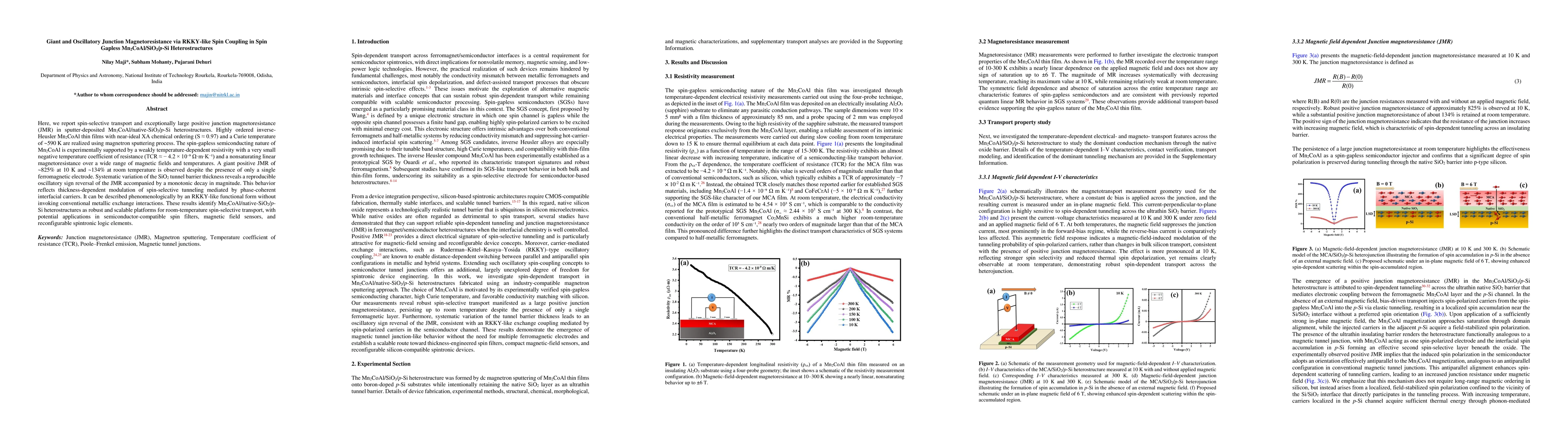 Thumbnail for Giant and Oscillatory Junction Magnetoresistance via RKKY-like Spin Coupling in Spin-Gapless Mn$_2$CoAl/SiO$_2$/p-Si Heterostructures