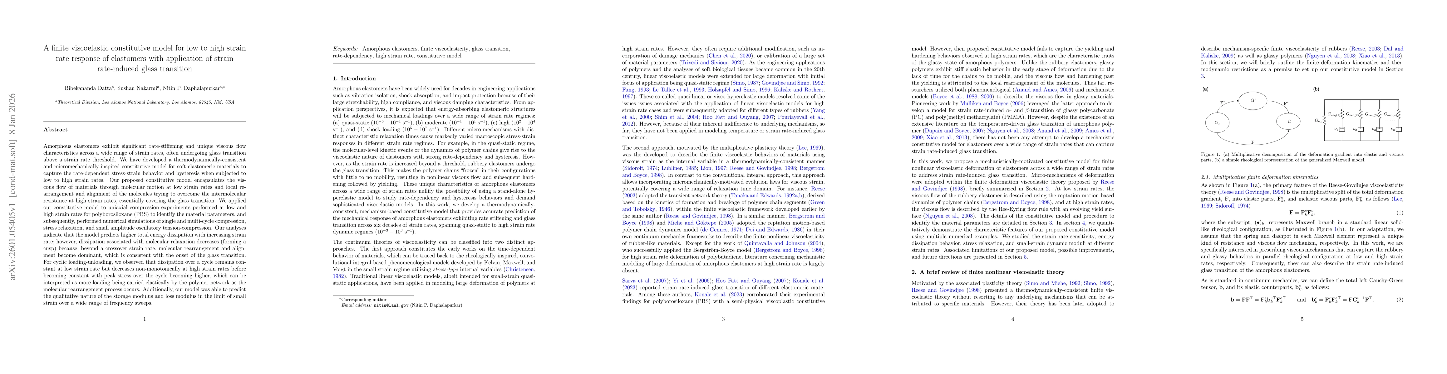 Thumbnail for A finite viscoelastic constitutive model for low to high strain rate response of elastomers with application of strain rate-induced glass transition